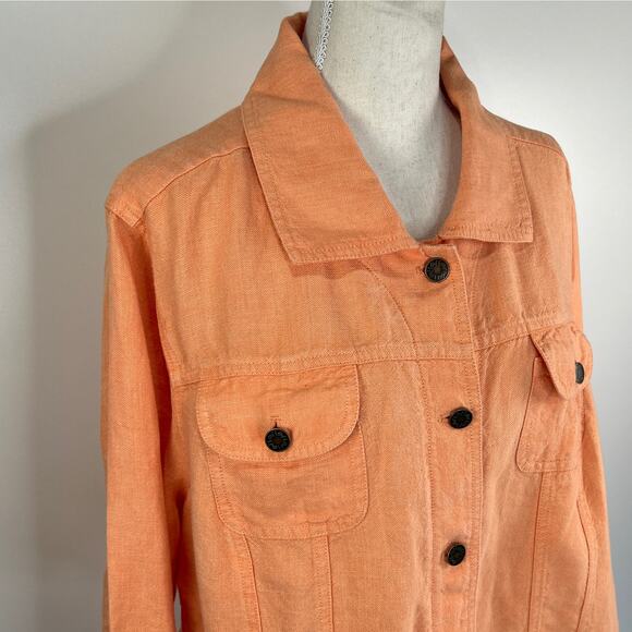 J. Jill Linen Trucker Jacket Orange Jean Style Long Sleeves Oversized Casual - Picture 4 of 9